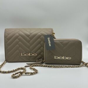 Bebe Taupe Quilted Crossbody Bag with Gold Accents